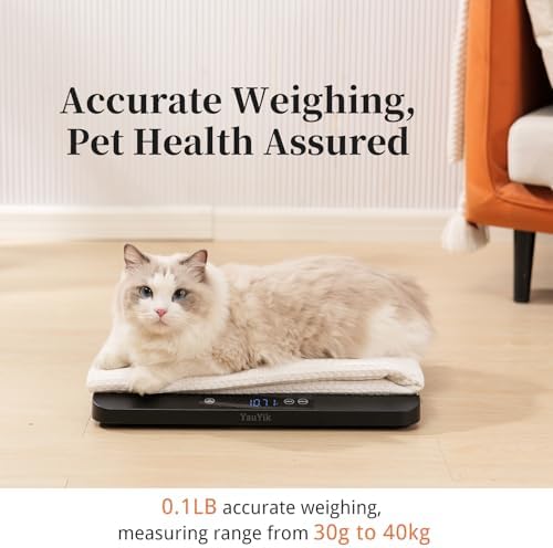 YauYik electronic pet weighing scale packaging showing included AAA batteries.