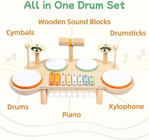 Close up view of the non toxic wooden baby drum and wind chime setup