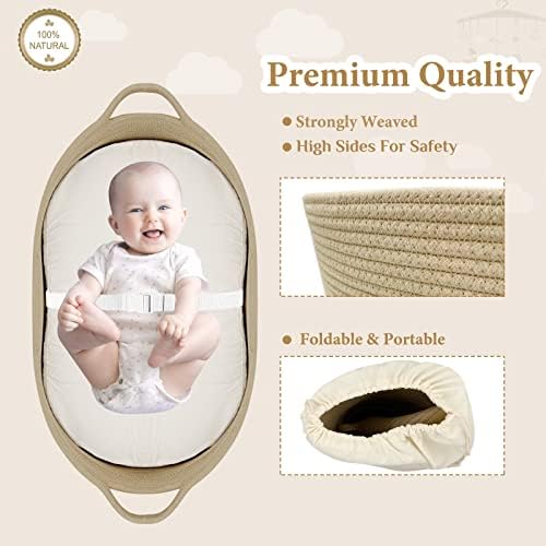 Taupe color cotton rope nursery basket with integrated safety belt fastened
