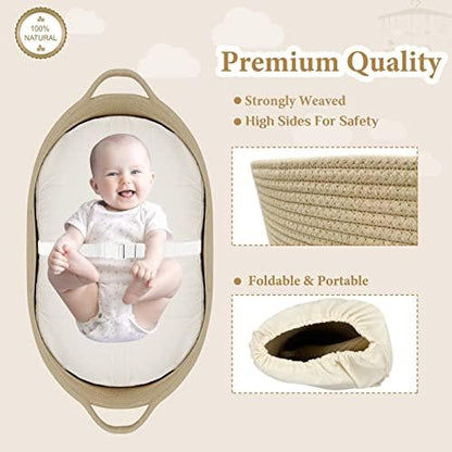 Taupe color cotton rope nursery basket with integrated safety belt fastened