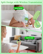 Green Yorenson wireless bedwetting monitor kit displaying the compact USB charging storage case and accessories.