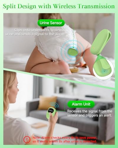 Green Yorenson wireless bedwetting monitor kit displaying the compact USB charging storage case and accessories.