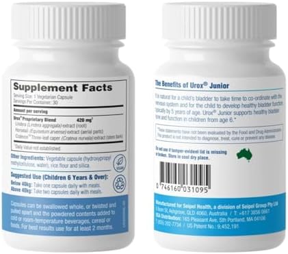 UROX Junior 30 vegetarian capsules bottle highlighting natural ingredients like Cratevox and Horsetail
