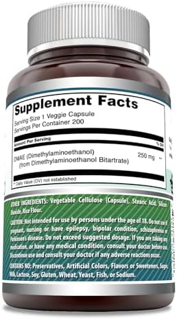 Amazing Formulas DMAE two hundred count veggie capsules nutritional information label