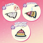Completed three dimensional puffy dessert art pieces attached to metal keychains.