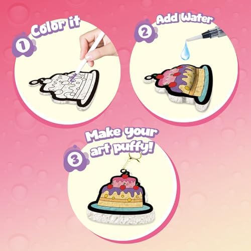 Completed three dimensional puffy dessert art pieces attached to metal keychains.