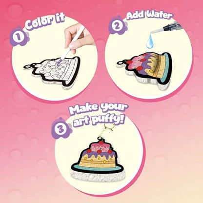 Completed three dimensional puffy dessert art pieces attached to metal keychains.