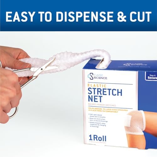 Elastic stretch net being unrolled for application on a medium sized wound.