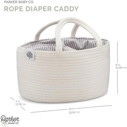 Parker Baby Co. cotton rope organizer with baby essentials inside
