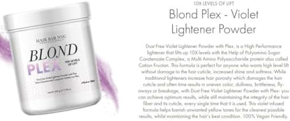 Italian made 500g container of Blond Plex ten levels dust free violet bleach powder displaying ingredients