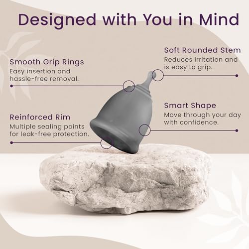 Reusable period cup kit showing two gray cups and a protective case.