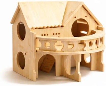 Improved Safety Large Balcony Small & Cute Wooden Hamster House with Large Balcony - Double-Decker Forest-Style Hut for Dwarf Hamsters, Mice, Gerbils, Rats & Small Pets (Compact Size Only) - Image 2