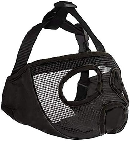 Premium short snout dog mask with eyeholes showing maximum visibility comfort
