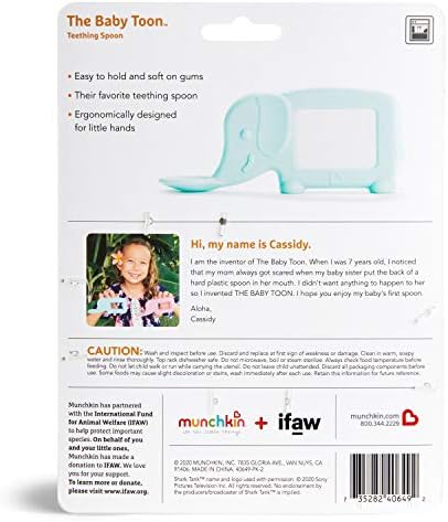 Mint green elephant silicone baby spoon being washed to demonstrate dishwasher safe utility.