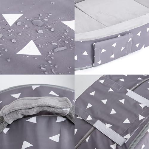 Mooedcoe toddler travel mattress showing the detailed measurements of the seven inch outer safety bumper.