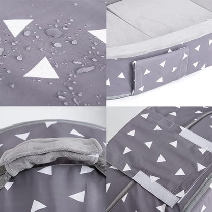 Mooedcoe toddler travel mattress showing the detailed measurements of the seven inch outer safety bumper.