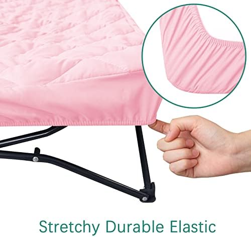 Biloban portable travel cot fitted sheet showing the elastic pull on corners