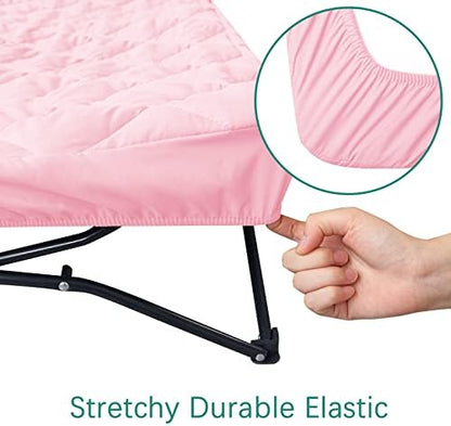 Biloban portable travel cot fitted sheet showing the elastic pull on corners