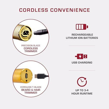 KISS cordless trimmer kit including the USB charging cable, cleaning brush, and lubricating oil.