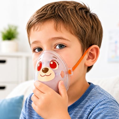 Close up of child friendly fire dog mask print for respiratory therapy