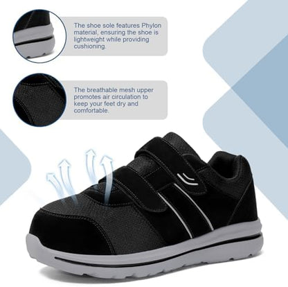 Estinko breathable mesh material detail on black diabetic sneakers