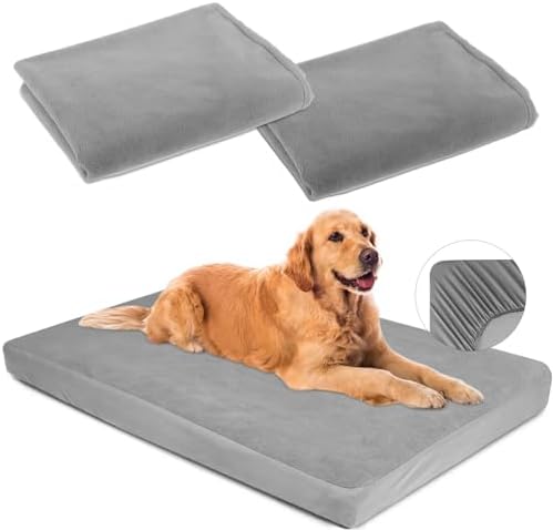 Two pack washable pet mattress protectors in dark grey fabric texture