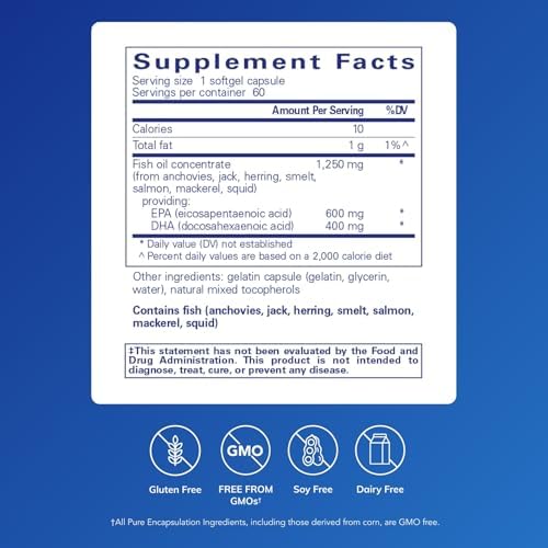 Pure Encapsulations ONE Omega fish oil capsules nutritional facts and ingredient list visible on the back of the bottle.