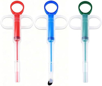 Three pieces colorful pet medicine plunger set with interchangeable silicone tips