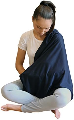 Mother wearing LK Baby infinity nursing scarf as a shawl