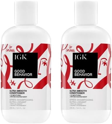 IGK Good Behavior Ultra Smooth Conditioner 2-pack bottles displaying festive red ribbon label design