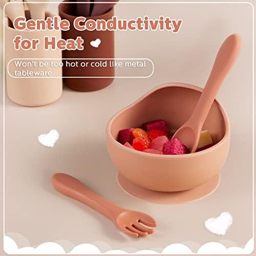 Nuenen toddler silicone fork and spoon set demonstrating the short easy grip handle design for infants