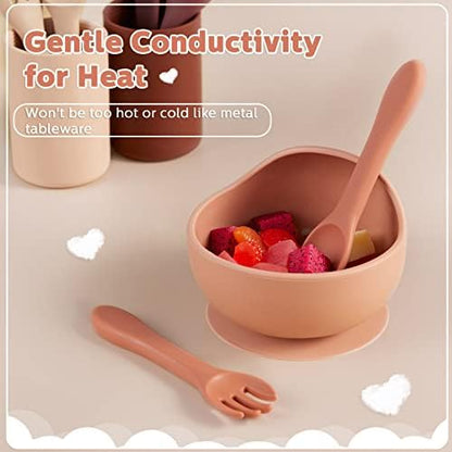Nuenen toddler silicone fork and spoon set demonstrating the short easy grip handle design for infants