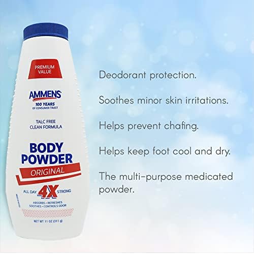 Talc-free Ammens powder label showing ingredients and directions