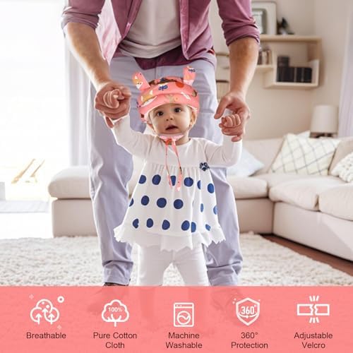 Toddler wearing protective headguard for walking