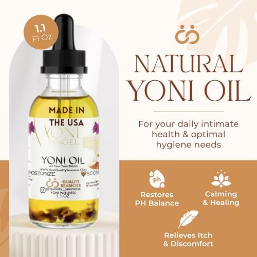 Organic herbal yoni oil ingredients including tea tree and chamomile for pH balance.