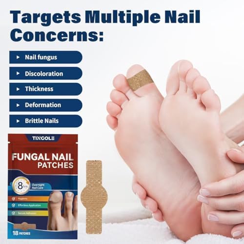 Close up of 8-hour overnight nail treatment patch application on toenail.