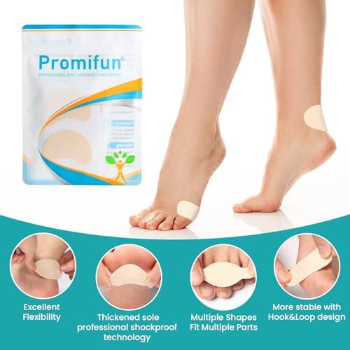 Promifun adhesive mole skin tape stickers applied to the back of a heel.