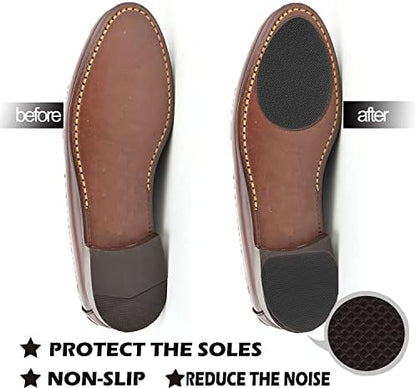 Self-adhesive silicone sole protectors being applied to the bottom of a black heel.