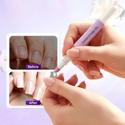 Compact travel friendly manicure pen placed inside a small makeup bag highlighting its portable design.