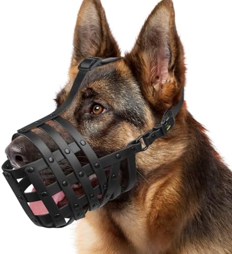 Side view of Mayerzon humane basket muzzle on dog