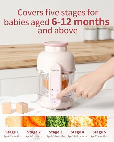 AMZCHEF baby food machine preparing an ultra-smooth green vegetable puree for a six-month-old infant