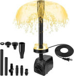 CREPOW 15W water pump showing three interchangeable nozzle types for small ponds