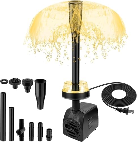 CREPOW 15W water pump showing three interchangeable nozzle types for small ponds