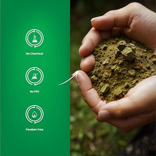 H&C Henna Powder pouch standing next to natural ingredients for organic hair care visualization