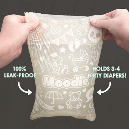 Moodie heavy duty baby poop bags containing soiled items securely