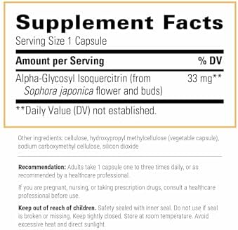 Integrative Therapeutics Alpha-Glycosyl Isoquercitrin supplement facts label listing clinical ingredients and vegetarian capsules