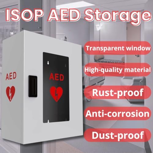 Wall mounted AED storage box with clear window and red signage