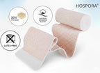 Hospora latex-free cotton elastic wrap showing hook and loop closure detail.