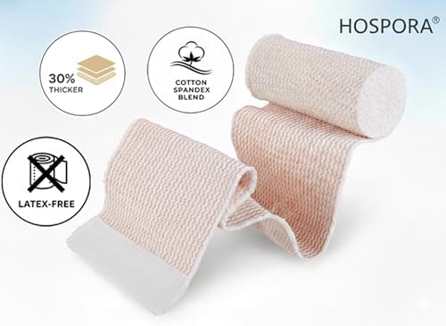 Hospora latex-free cotton elastic wrap showing hook and loop closure detail.