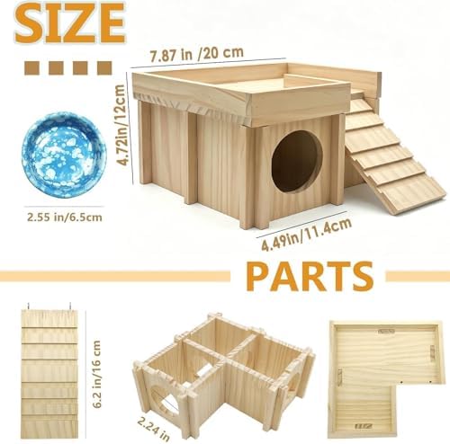 Wooden Hamster Hideout,Dwarf Hamster Hide House with Platform & Bowl & Ladder,Small Hamsters Maze Hut Hides Habitats Decor Cage Accessories for Gerbils,Mice,Mouse - Image 6